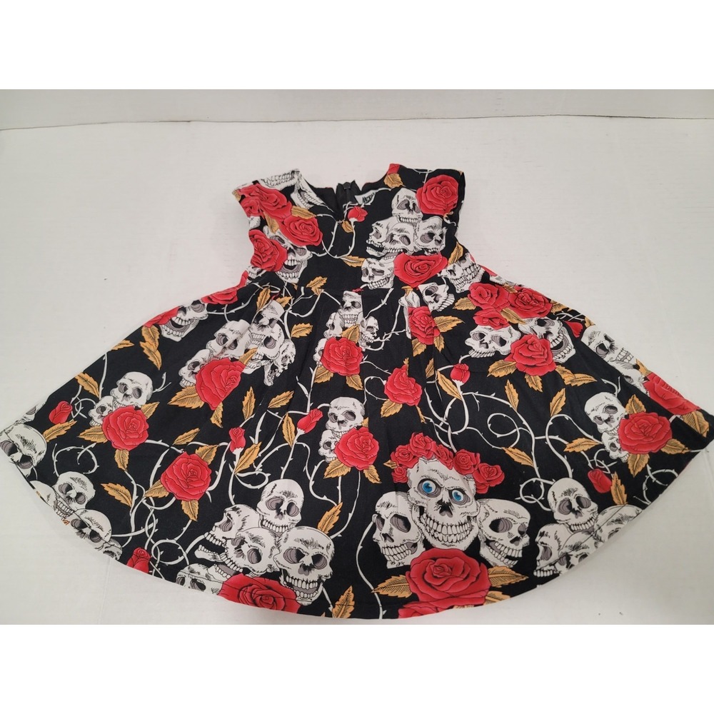 Metallic Monster baby dress 12m petted black dress with skulls & roses
